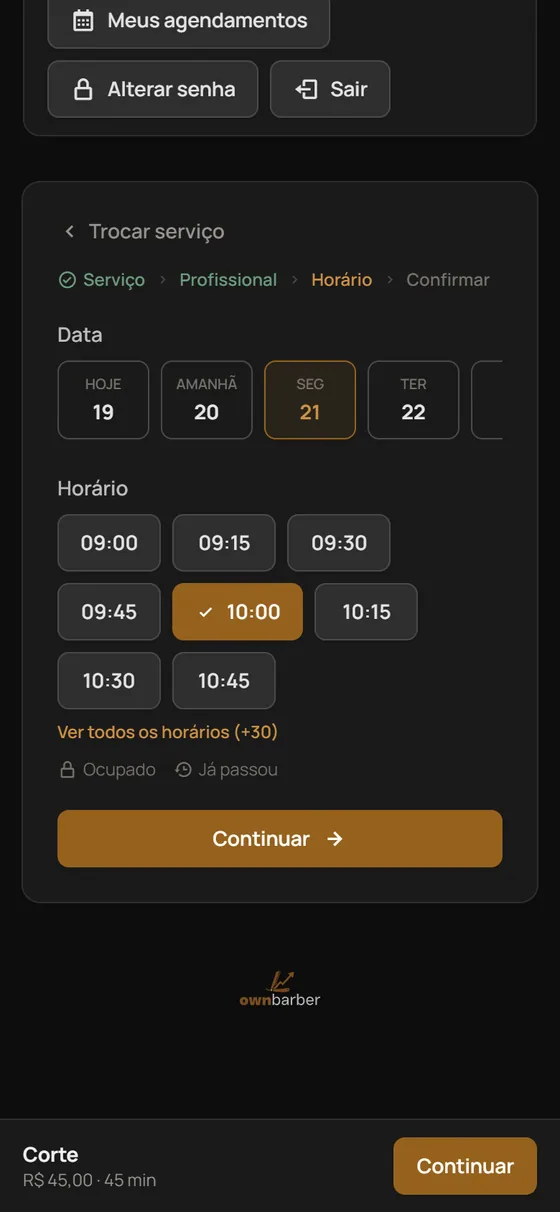 Celular mostrando a escolha de dia e horário livre para agendar