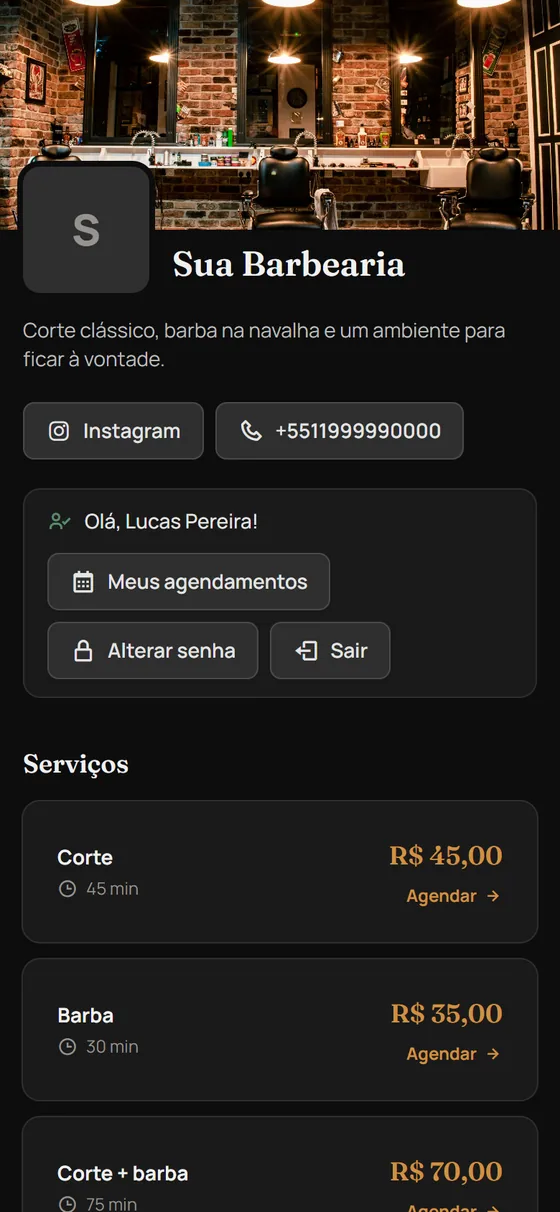 Página pública da barbearia no celular, com capa, nome e serviços