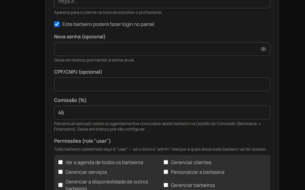 Formulário de barbeiro no OwnBarber com percentual de comissão e permissões por área