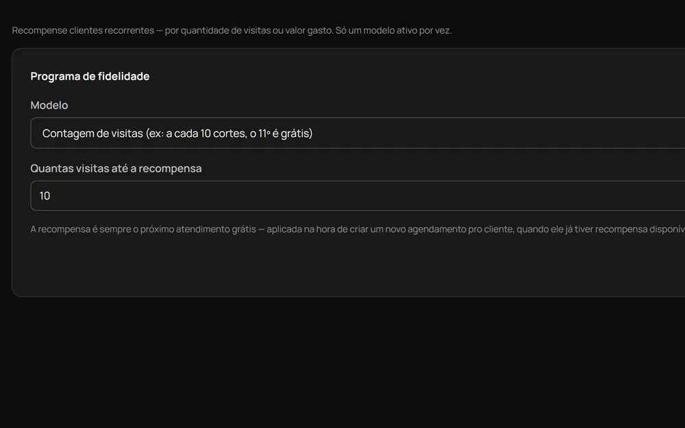 Configuração do programa de fidelidade do OwnBarber, por quantidade de visitas