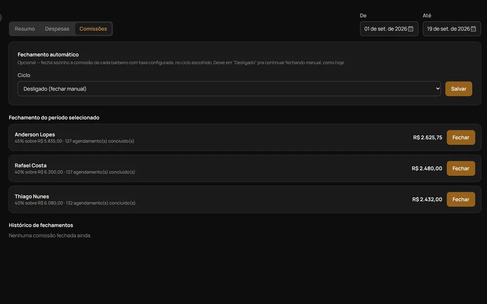 Tela de comissões do OwnBarber com o valor a fechar de cada barbeiro
