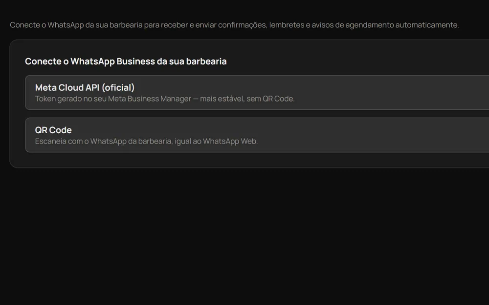 Tela de integração com WhatsApp do OwnBarber, com as opções API oficial da Meta e QR Code